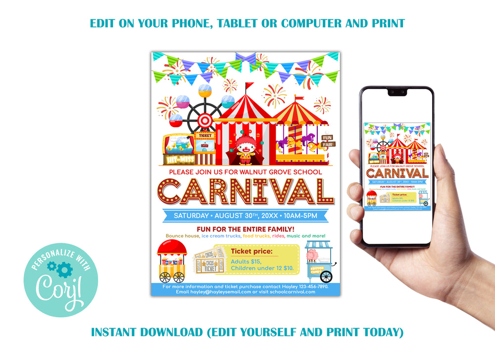 Editable School Carnival and Circus Invitation Flyer Template — Posh Park