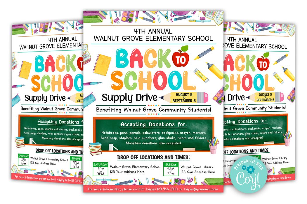 Editable BacktoSchool Supply Drive Flyer — Posh Park