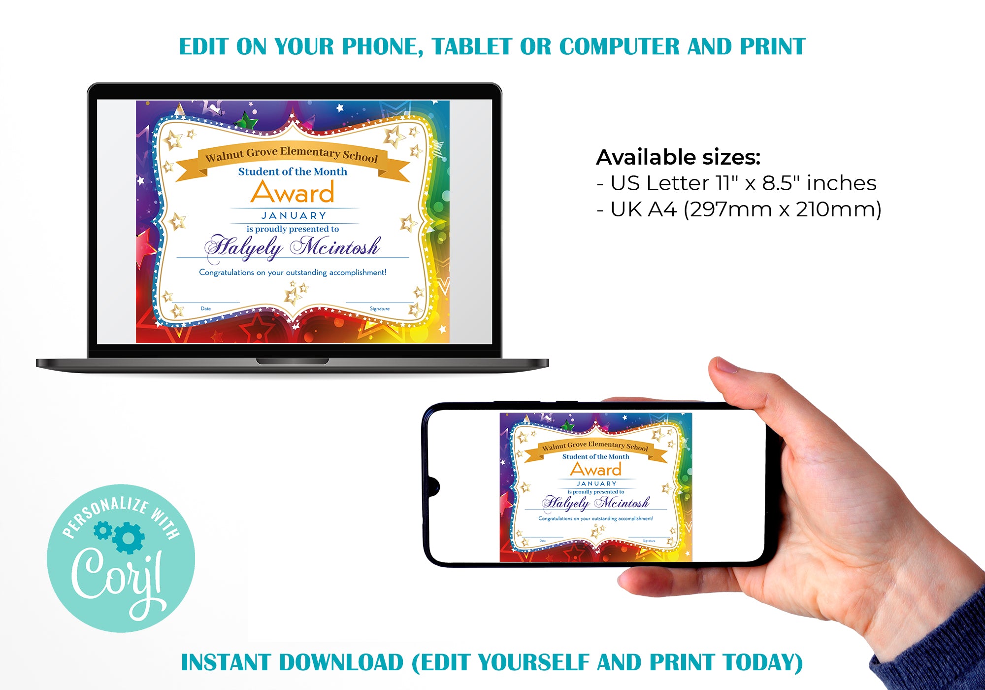 Editable Student Of The Month Certificate Template, DIY Colorful Stude ...