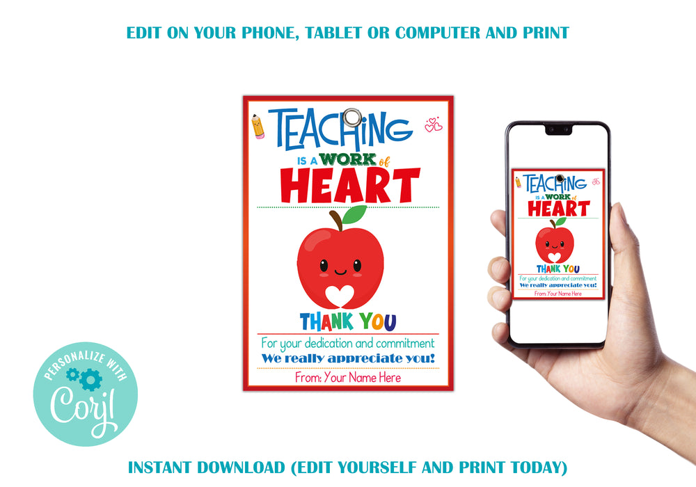 teacher appreciation, personalized, Teaching is, a Work of, Teacher Thank You, Gift Tags, template, teacher gift tags, work of heart, appreciation tags, thank you teacher, gift tag editable, gift tag printable