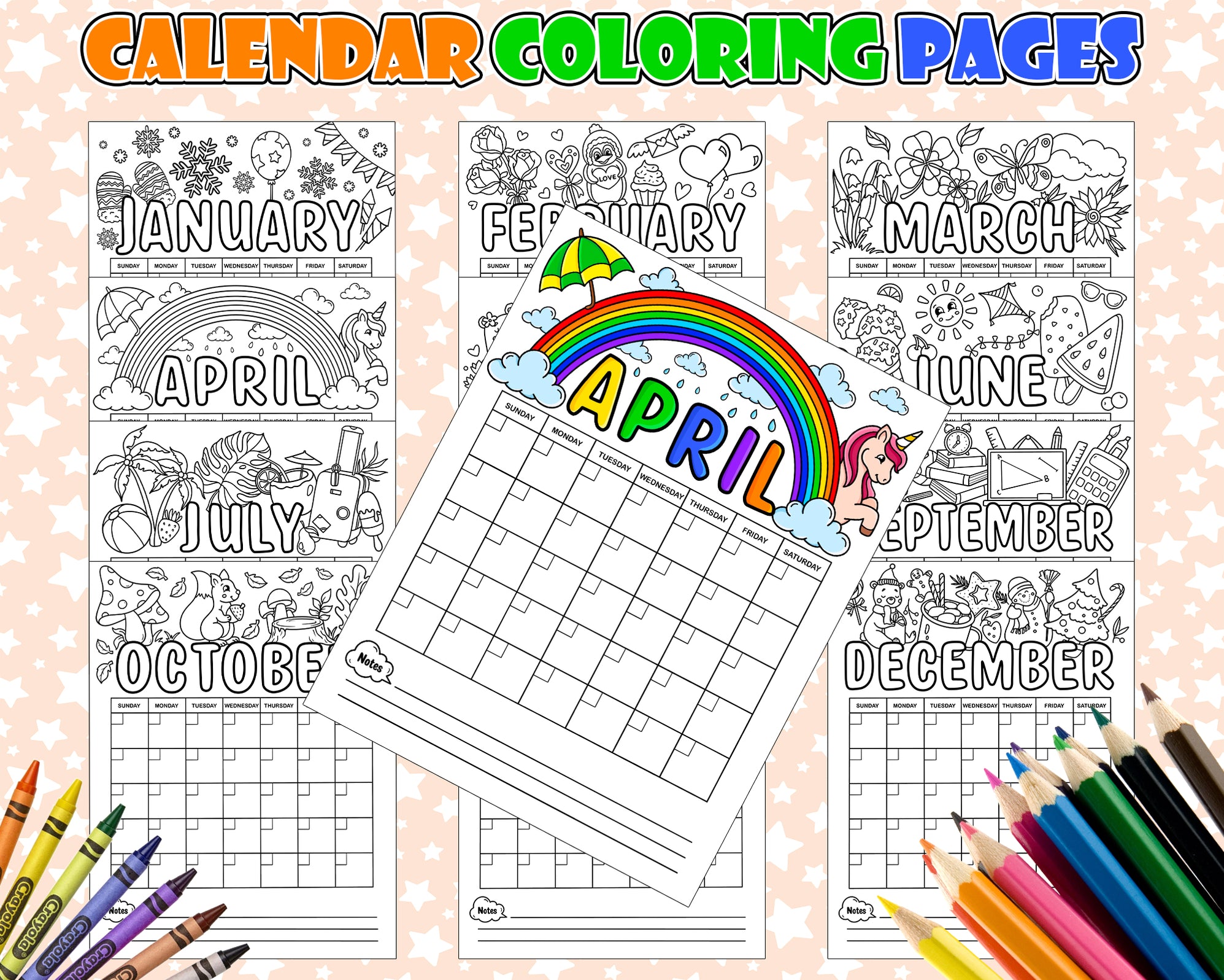 Printable PDF 12 Month Calendar Coloring Pages, Coloring Monthly Calen ...