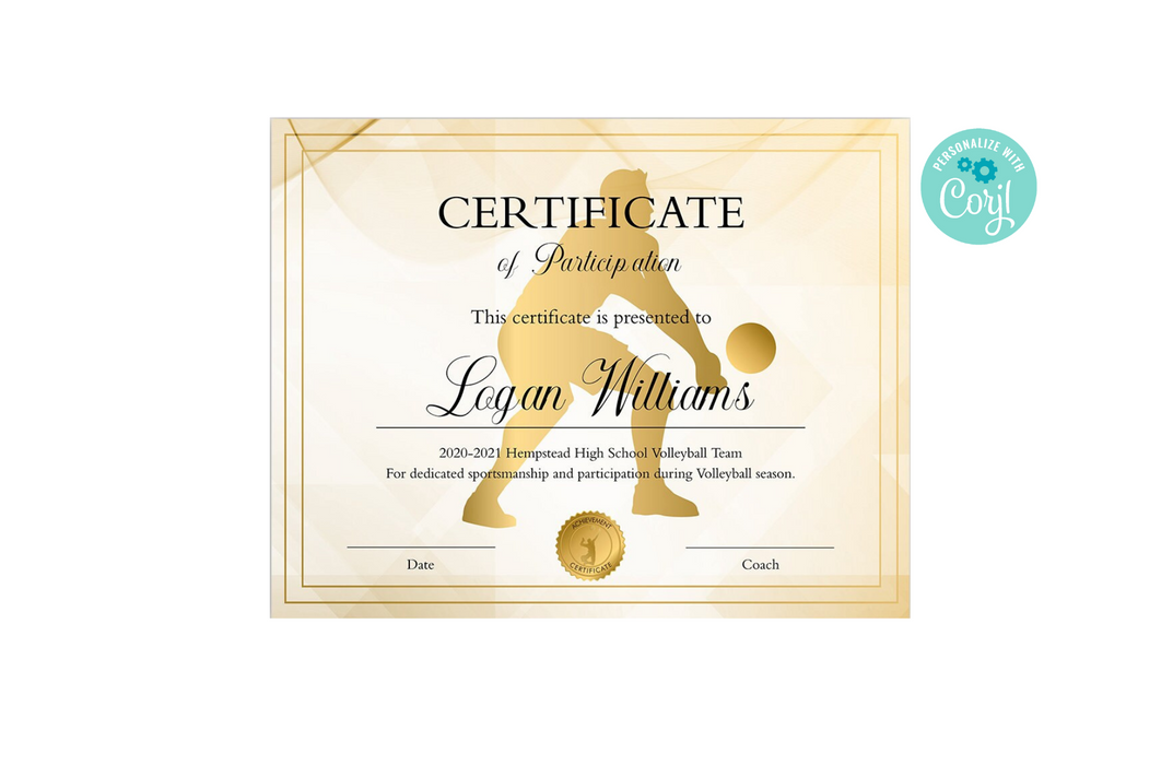 Editable Boys Volleyball Certificate Template, Boys Volleyball Participation Award, Printable Volleyball Personalized Sports Award