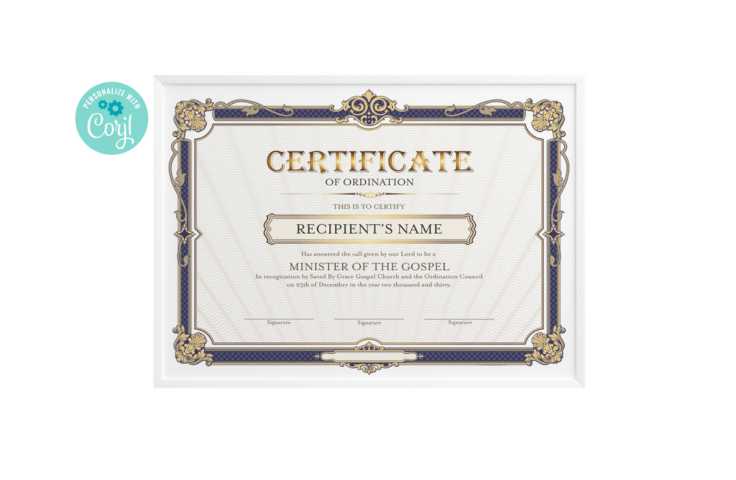 Editable Certificate of Ordination Minister, Blue and Gold Ordination Certificates, Ministry Certificate