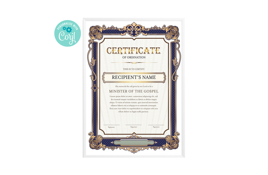 Editable Certificate of Ordination Portrait Orientation, Blue and Gold Ordination Certificate, Ministry Certificate
