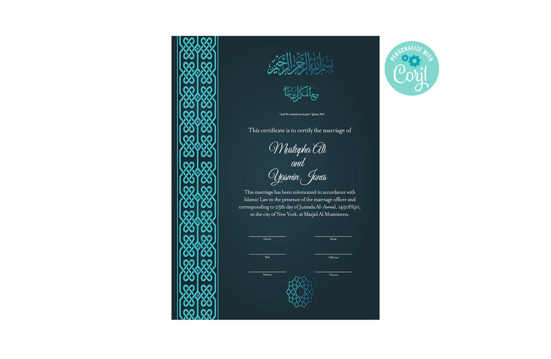 Editable Nikah Certificate, Downloadable Green and Turquoise Islamic Marriage Certificate