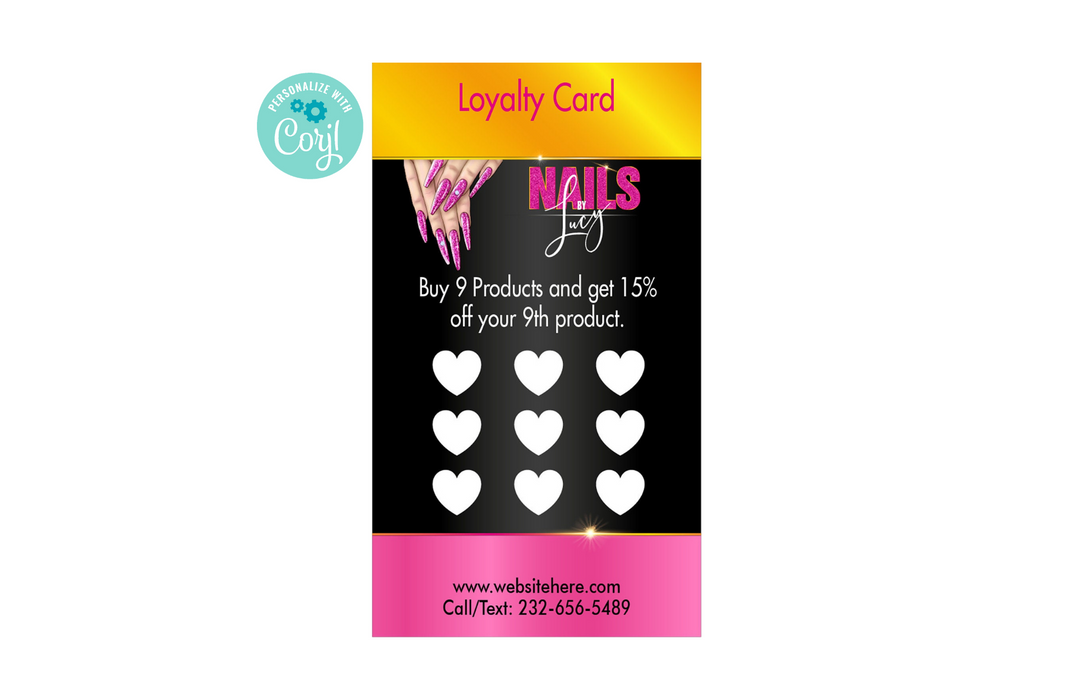 Editable Nail Salon Loyalty Card Template, Downloadable Nail Tech Loyalty Cards | Printable Nails Business Rewards Punch Card