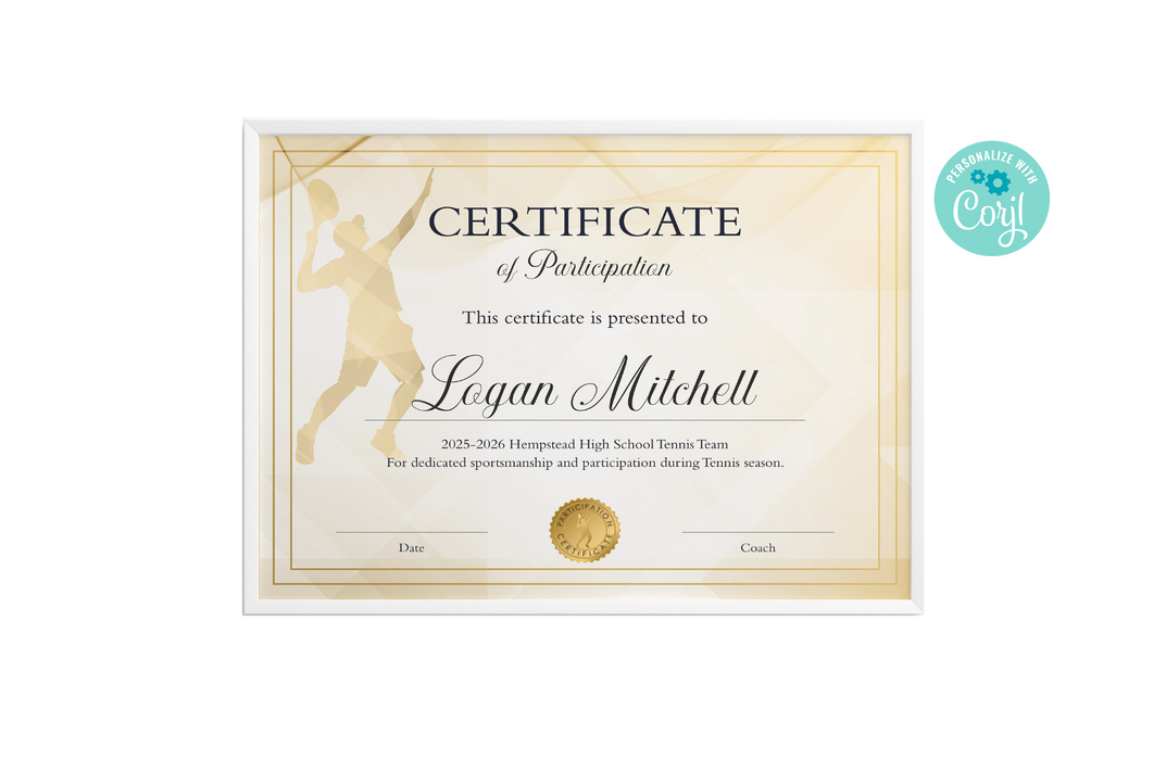 Editable Boys Tennis Certificate Template, Customizable Printable Tennis Award for Youth