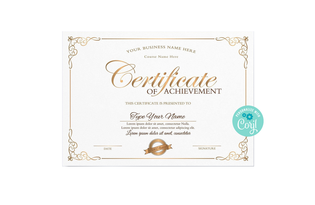 Custom Certificate of Achievement Template, Achievement Award Certificate, Gold DIY Template
