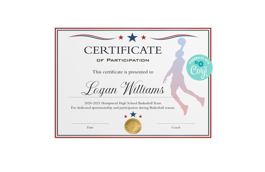 DIY Red White Blue Boys Basketball Certificate Template, Editable Basketball Participation Award, Sports Award