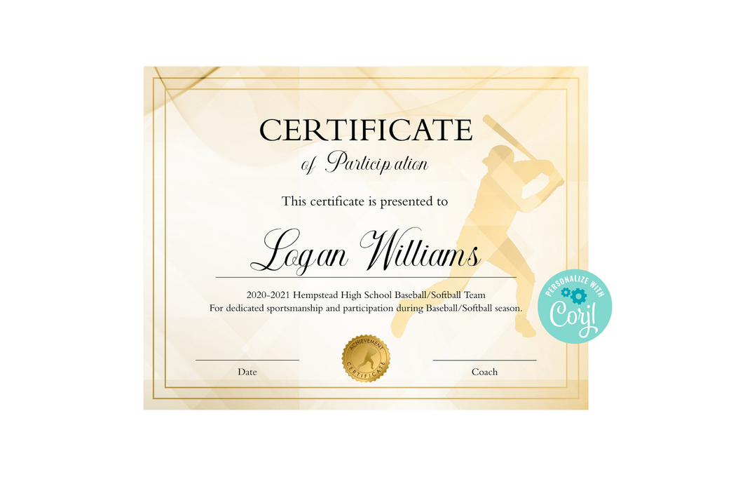 Downloadable Baseball Certificate Template, Baseball Participation Award, Editable Certificate Template |Personalized Diploma Sports Award
