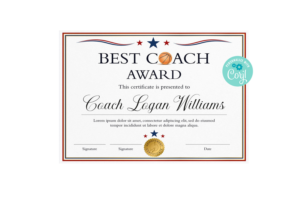 Downloadable Basketball Coach Certificate Template,  Best Basketball Coach  of the Year, Baseball Coach Recognition Award, Sports Coach