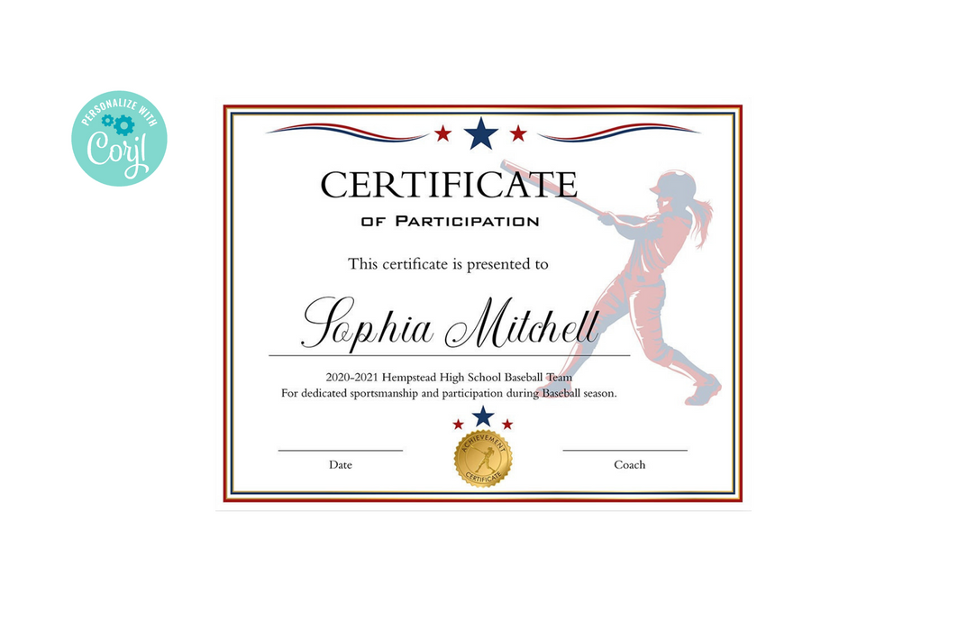Downloadable Red White Girls Softball Certificate Template, DIY Softball Participation Award, Girls Softball Award, Female Sports Awards