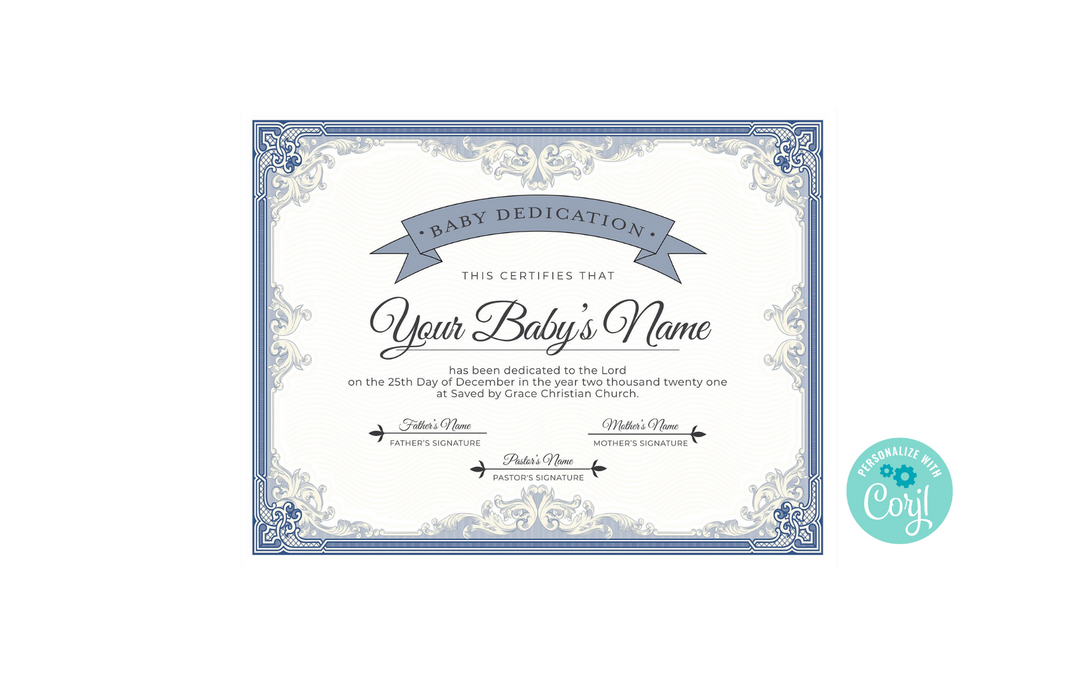 Editable Blue Baby Dedication Certificate Template, Downloadable Baby Christening Dedication, Printable Baptism Certificate