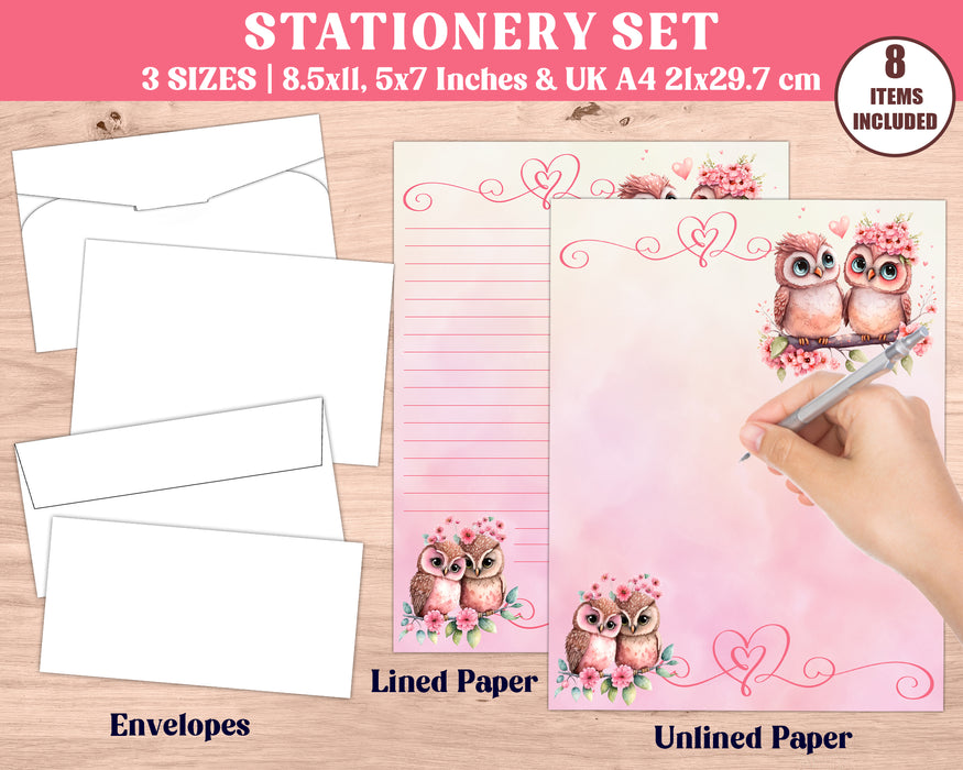 Valentines Owl in Love Stationery Set for Teens and Adults | Stationary Kit Unlined and Lined