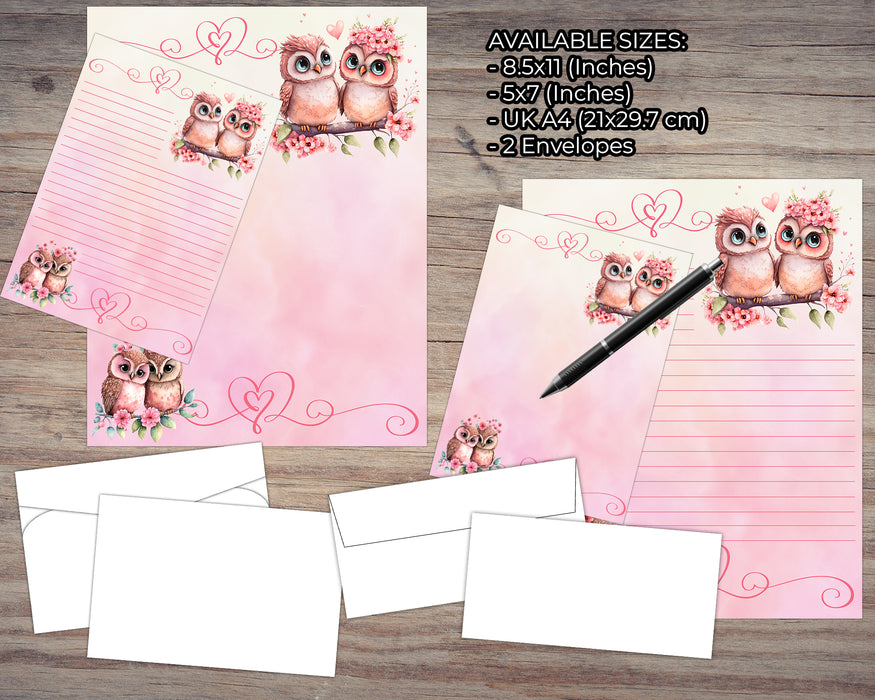 Valentines Owl in Love Stationery Set for Teens and Adults | Stationary Kit Unlined and Lined