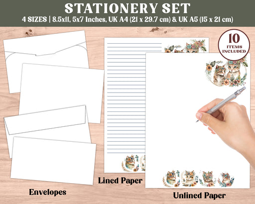 Boho Cat Stationery Set for Teens and Adults | Animal Stationary Kit with Watercolored Cat