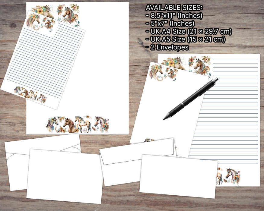 Boho Horse Stationery Set for Teens and Adults | Animal Stationary Kit with Watercolored  Horses