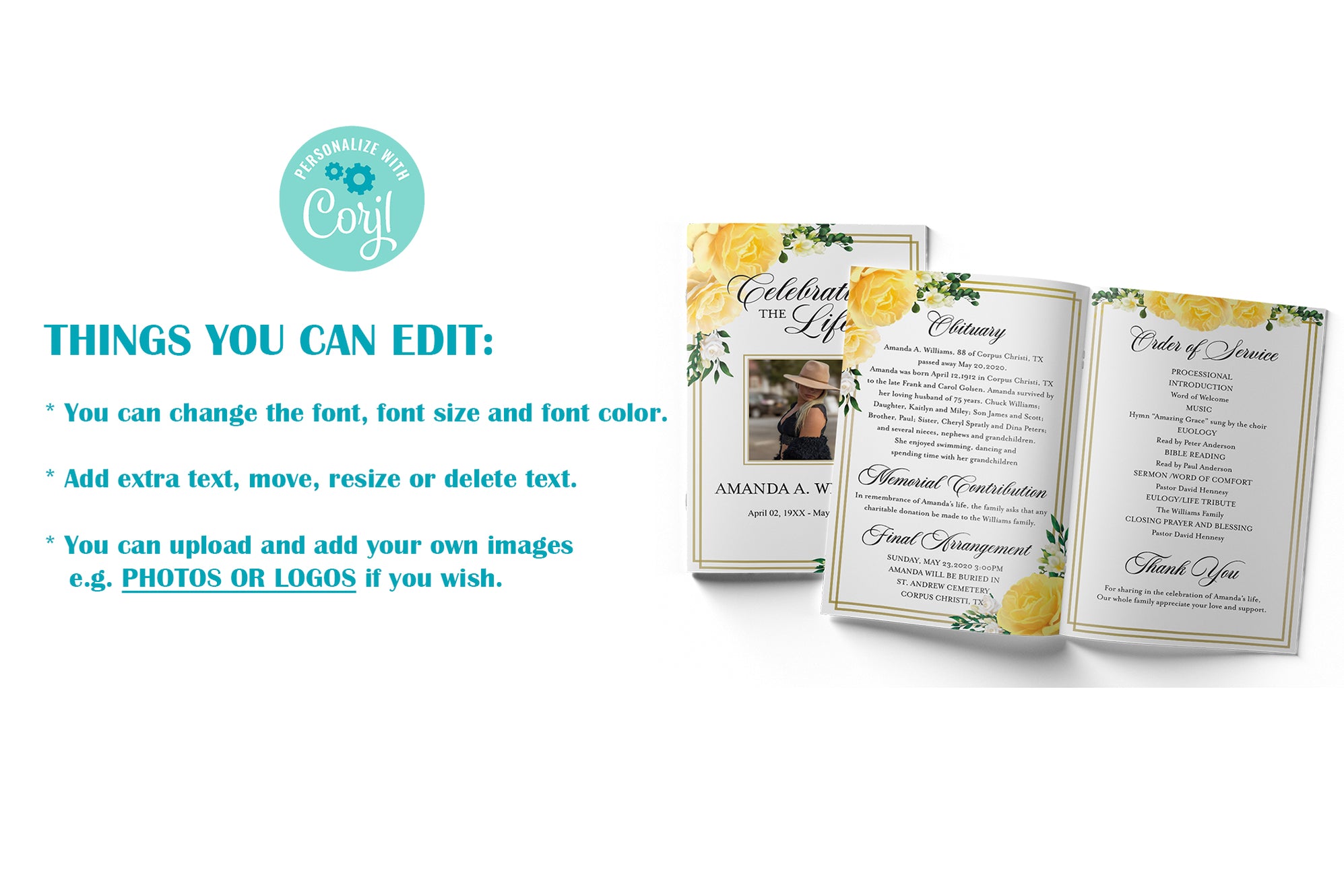 Editable Yellow Rose Funeral Template | Obituary & Brochure — Posh Park