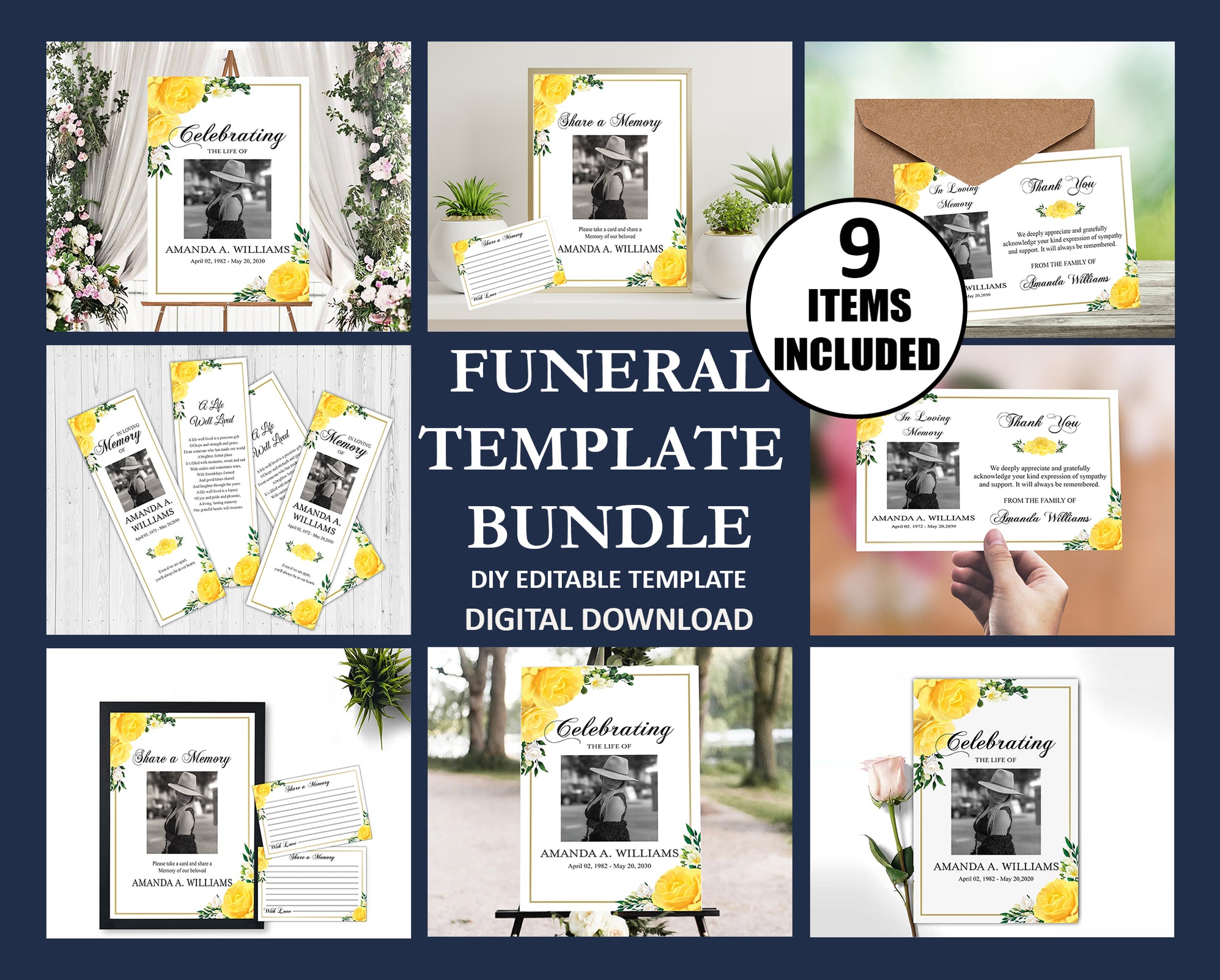 Editable 9 Piece Yellow Rose Funeral Program Template Bundle | Funeral ...