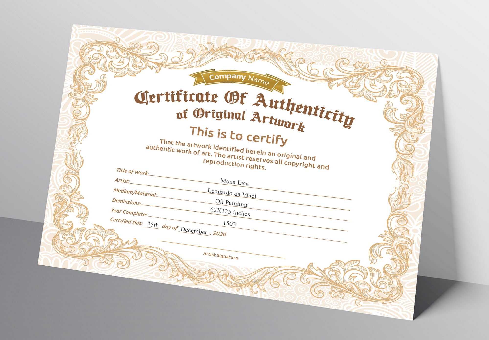 DIY Certificate of Authenticity for Artwork Brown Gold, Customizable A ...