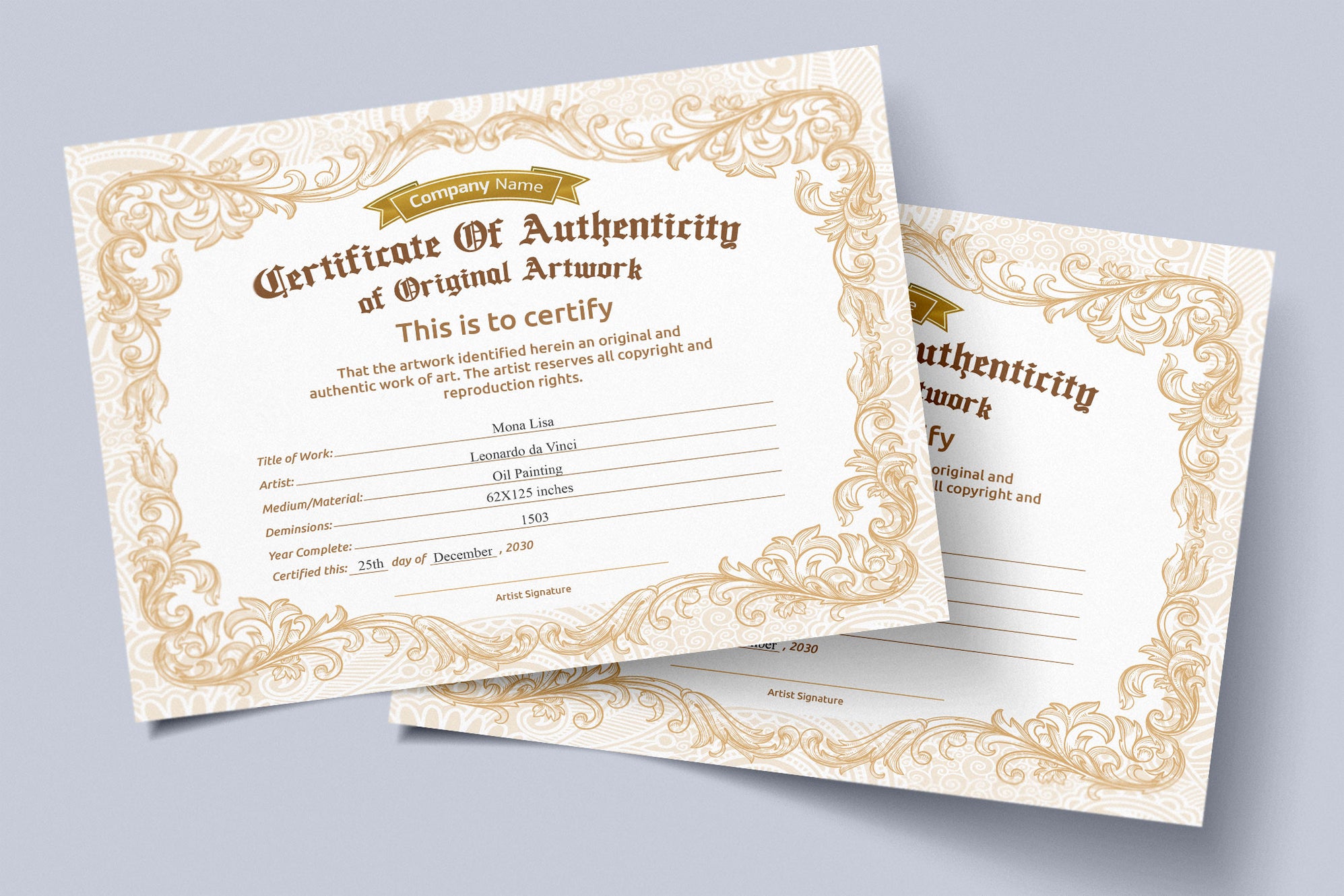 DIY Certificate of Authenticity for Artwork Brown Gold, Customizable A ...