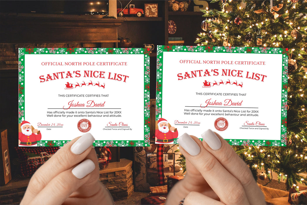 Editable Mini Festive Green Christmas Nice List Certificate Card Size