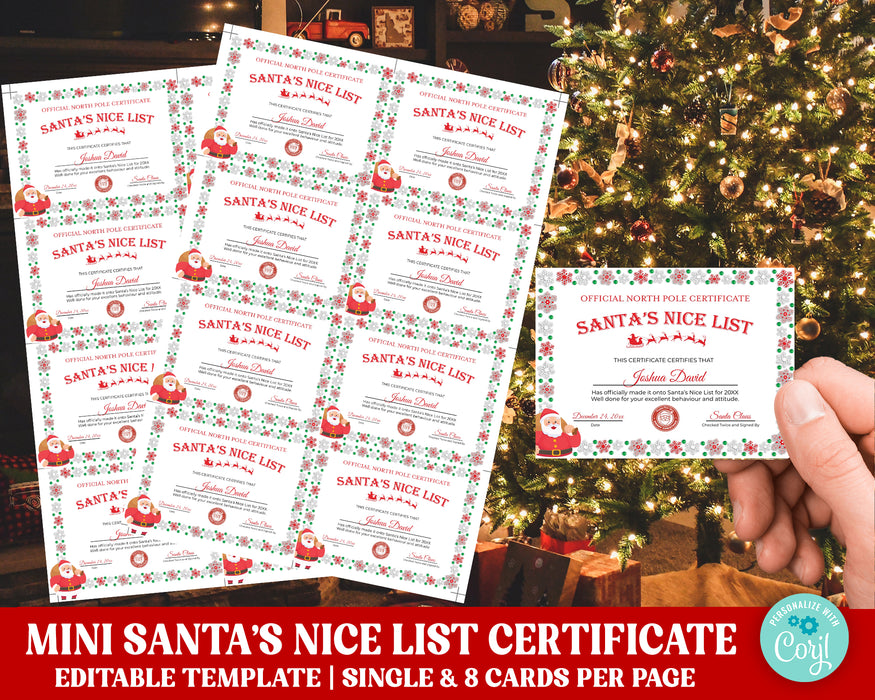 Editable Christmas Nice List Certificate Mini Card Size