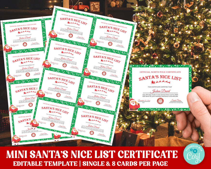 Editable Mini Green Nice List Certificate Printable Size Card For Kids