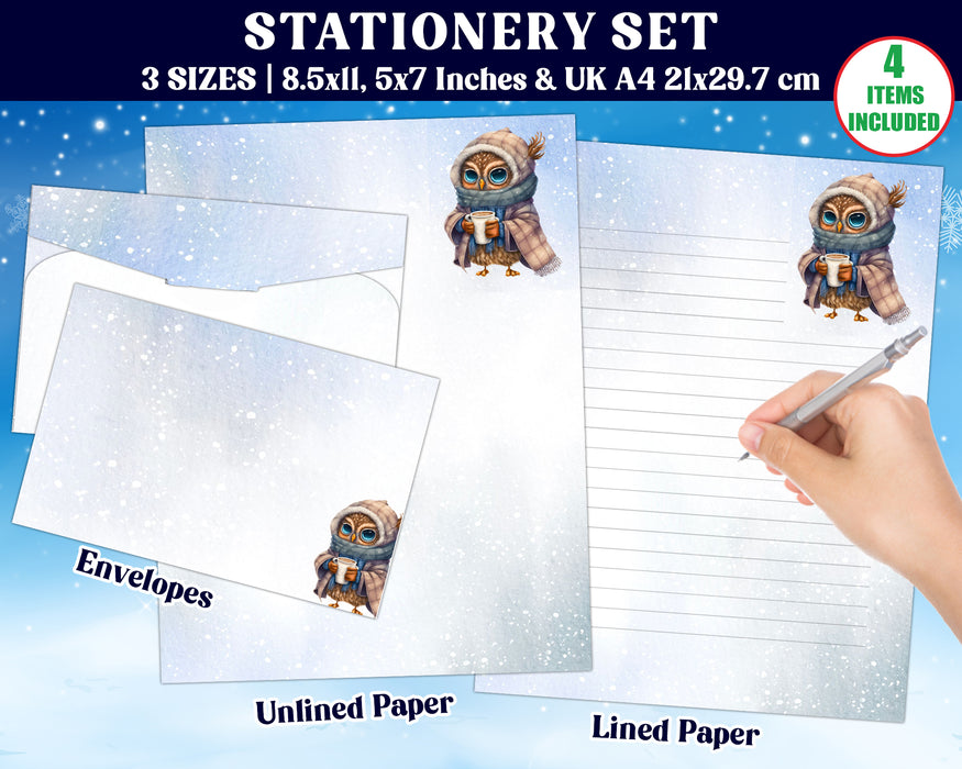 Cute Winter Stationery Set for Teens and Adults | Unlined and Lined Stationary Kit with Cute Owl Theme