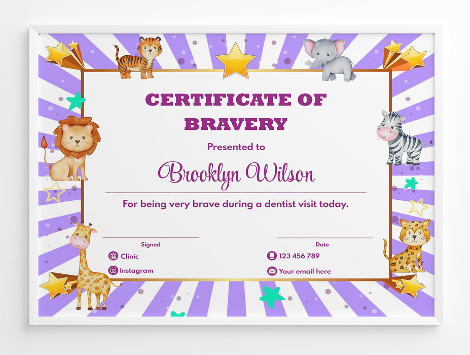 Cute Customizable Certificate of Bravery for Kids  | Animal Theme Bravery Certificate