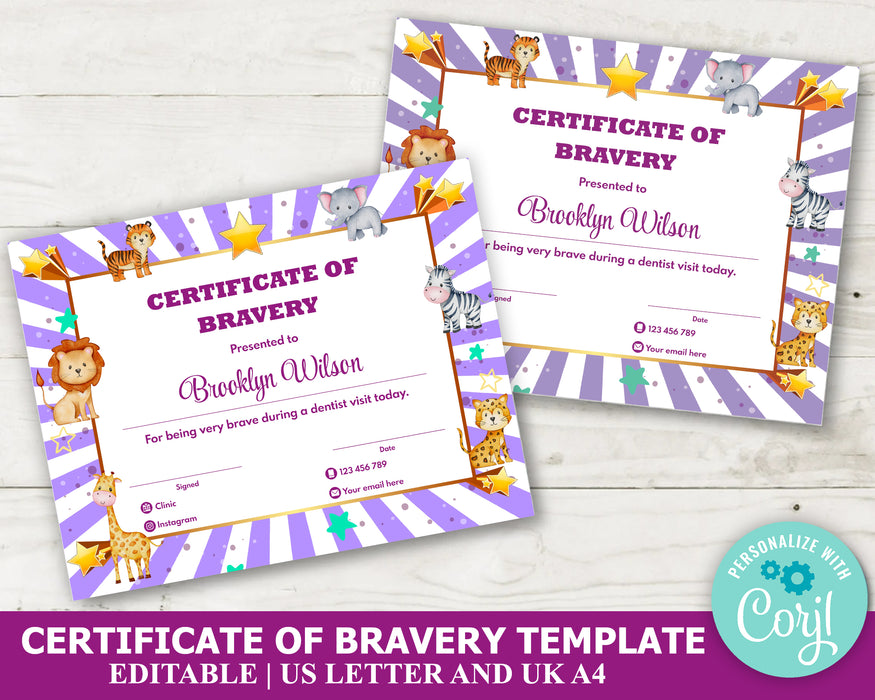 Cute Customizable Certificate of Bravery for Kids  | Animal Theme Bravery Certificate