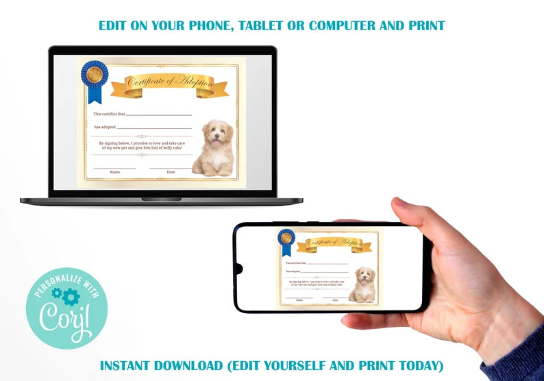 DIY Customization Dog Puppy Adoption Certificate Template