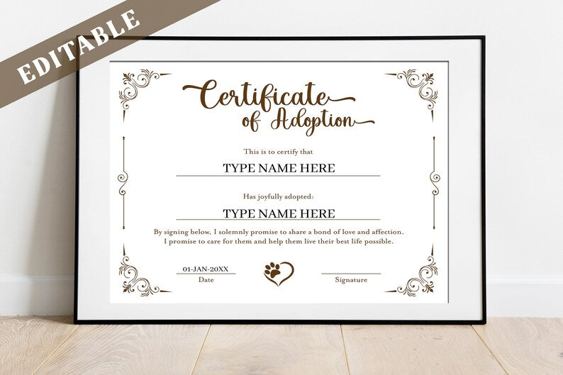 Custom Printable Dog Adoption Certificate Template — Posh Park for Free Printable Adopt A Puppy Certificate