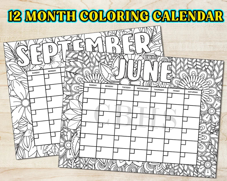 PDF Flower Pattern 12 Month Coloring Calendar, Printable  Floral Coloring Calendar,  Doodle Calendar to Color