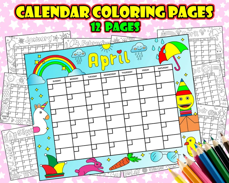 12 Month Kawaii Coloring Calendar for Kids, PDF Cute Kawaii Calendar to Color, Printable Cute Kids Calendar