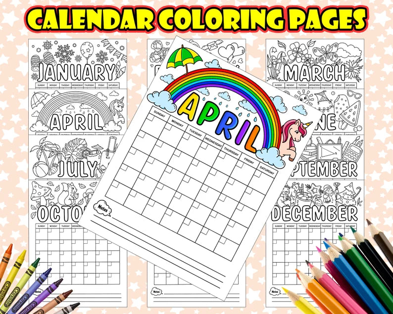 Printable PDF 12 Month Calendar Coloring Pages, Coloring Monthly Calendar for Kids and Adults