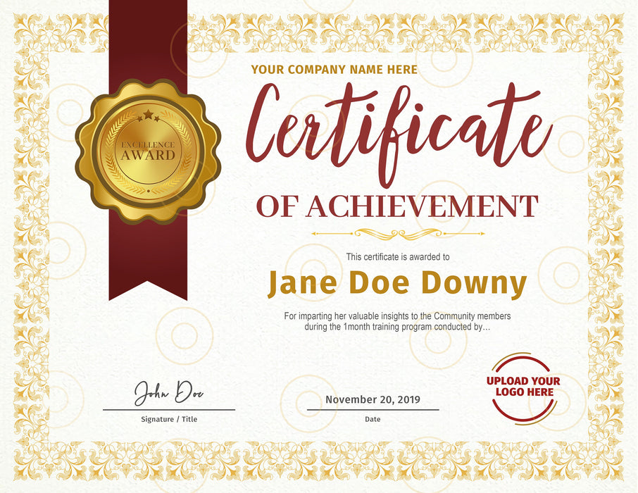 Editable Gold Certificate of Achievement Template |Downloadable Certificate Template  | Printable Award Certificates | Blank Certificate | Instant Download