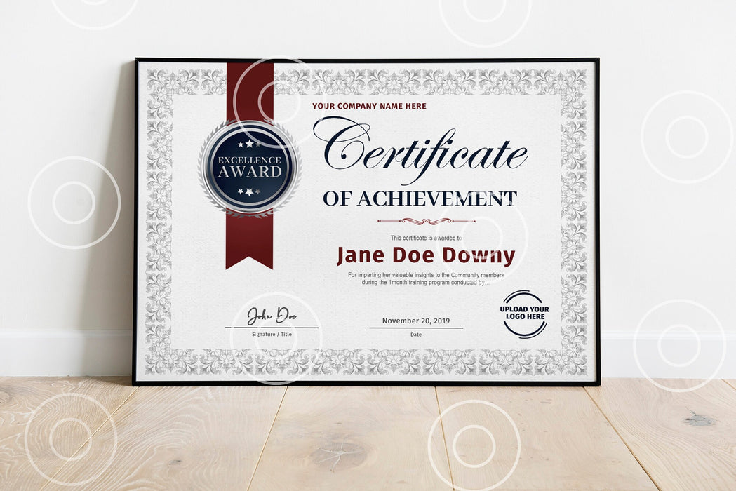 Customizable Certificate of Achievement, Award Certificate Template, Instant Download