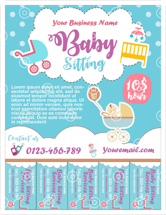 Editable Babysitting Business Flyer Template with Tear-off Tabs | Cute Babysitting Business Flyer Download