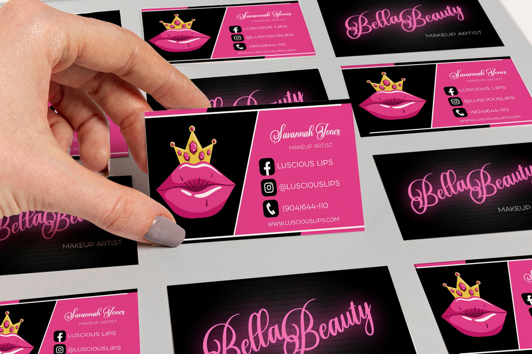 Editable Lip Business Card | Lip Gloss Business Cards, Makeup Artist Business Card, Cosmetic Business Cards | Black and Pink Card