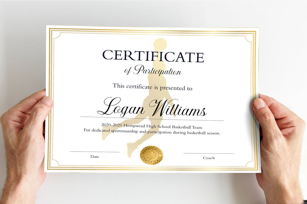 Downloadable Basketball Certificate Template, Basketball Participation Award, Editable Basketball Award, Basketball Diploma Sports,