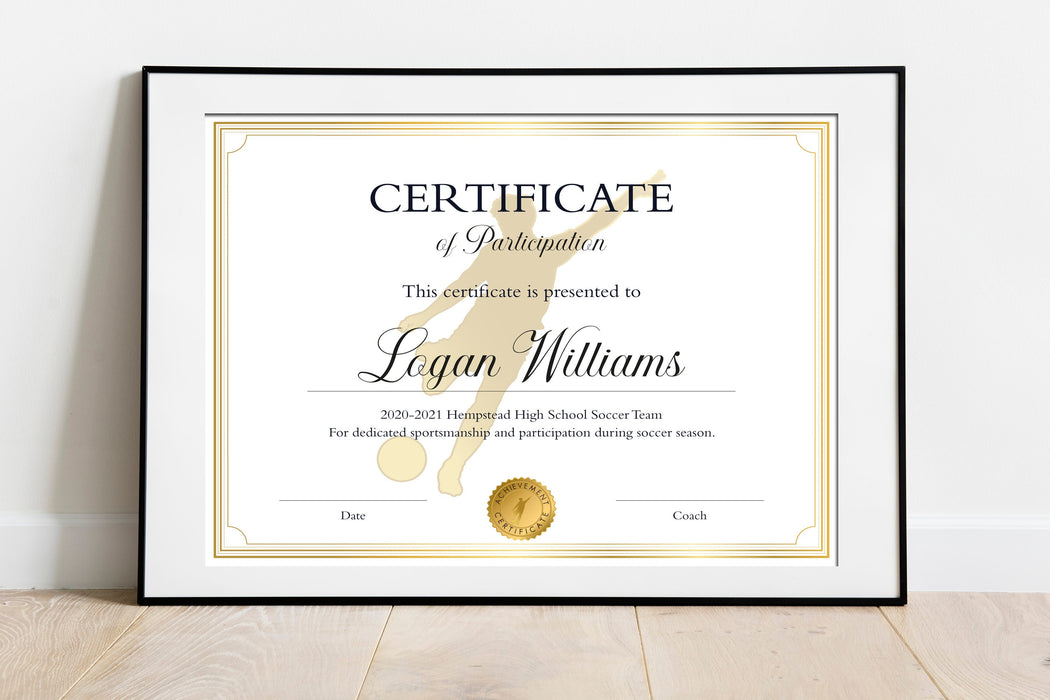 Editable Soccer Certificate Template, DIY Soccer Participation Award. Soccer Diploma Sports Award, Soccer Printable Certificate