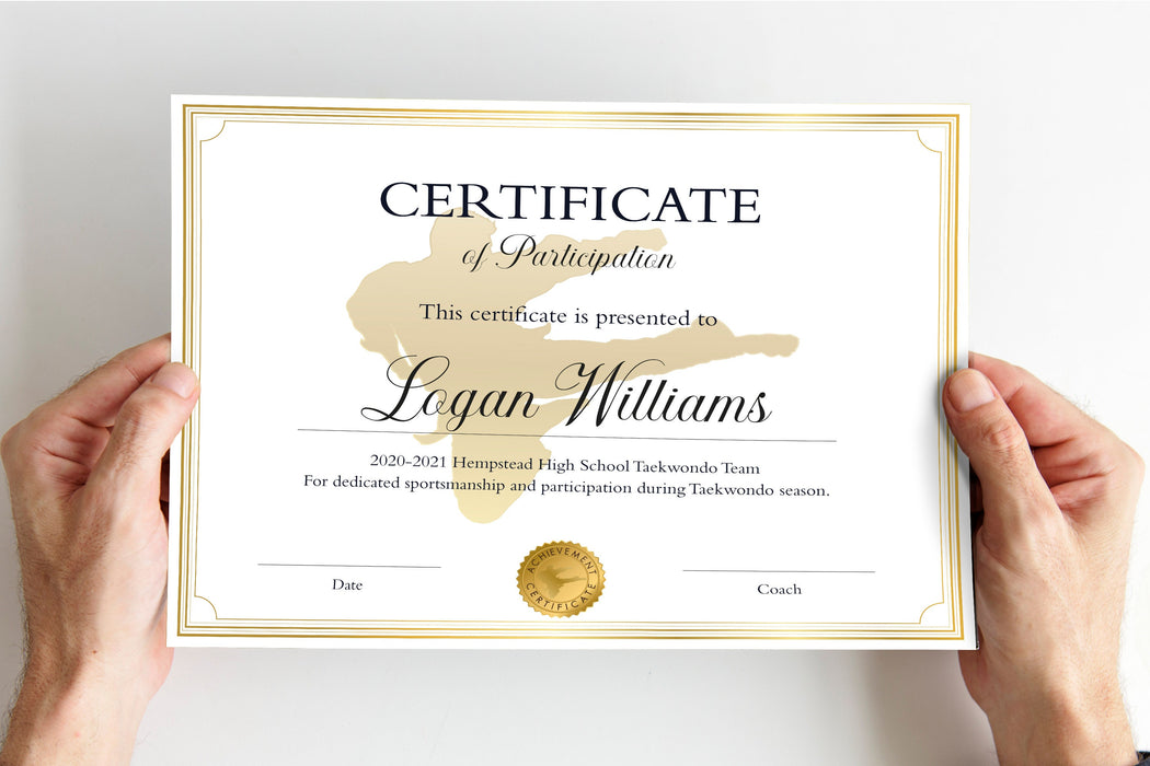 Editable Taekwondo Certificate Template, DIY Tae kwon do Participation Award. Printable Taekwondo Personalized Certificate Sports Award