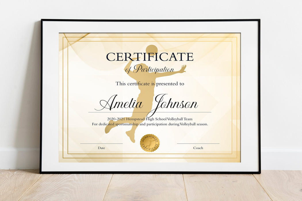 Editable Girls Volleyball Certificate Template, Downloadable Girls Volleyball Participation Award, Printable Volleyball Personalized Sports Awards