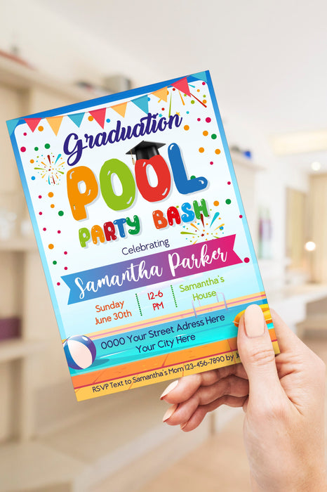 Downloadable Editable Pool Party Graduation Invitation, Kids Graduation Invites Pool Bash, Children's Pool Party Invite |Printable Graduation Template Pool Party
