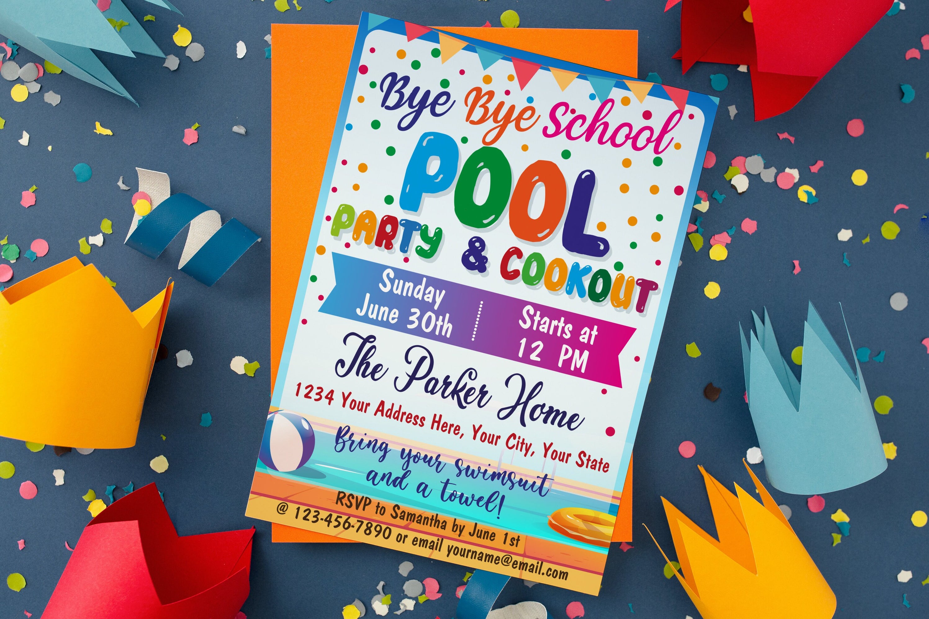 Editable End of School Pool Party Cookout for Kids and Teens Invitation ...