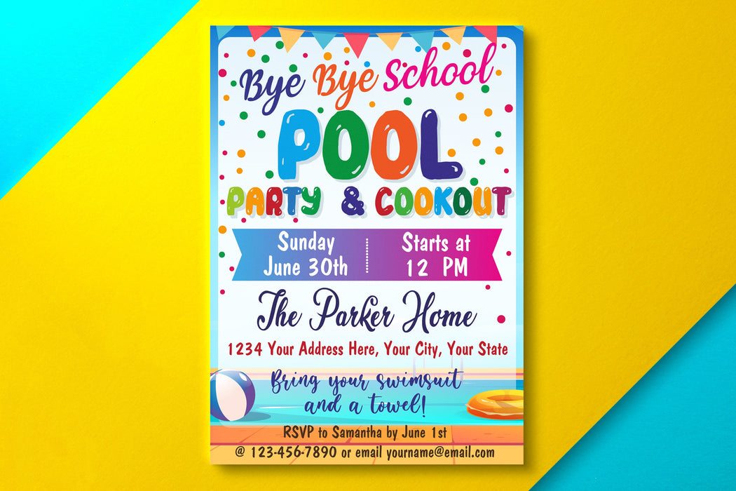 Editable End of School Pool Party Cookout for Kids and Teens Invitation ...