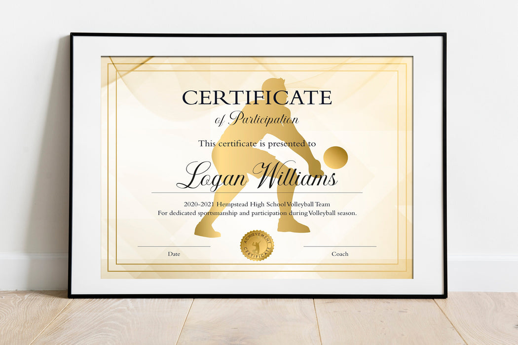 Editable Boys Volleyball Certificate Template, Boys Volleyball Participation Award, Printable Volleyball Personalized Sports Award
