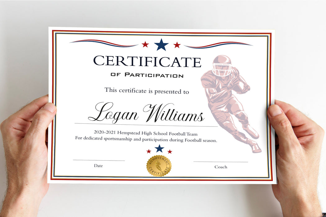 Editable Red White Football Certificate Template, DIY Football Participation Certificate Award. Printable Football Diploma Sports Award