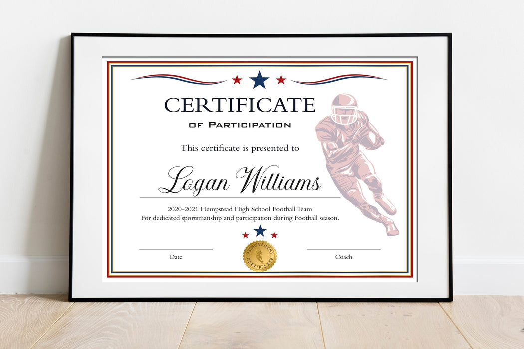 Editable Red White Football Certificate Template, DIY Football Participation Certificate Award. Printable Football Diploma Sports Award